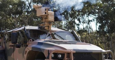 Hawkei fires an Electro Optic Systems RS400 Mk2 remote weapon system fitted with 40mm lightweight automatic grenade launcher at the Graytown proving grounds, Victoria. Photo by Jim Cowie.