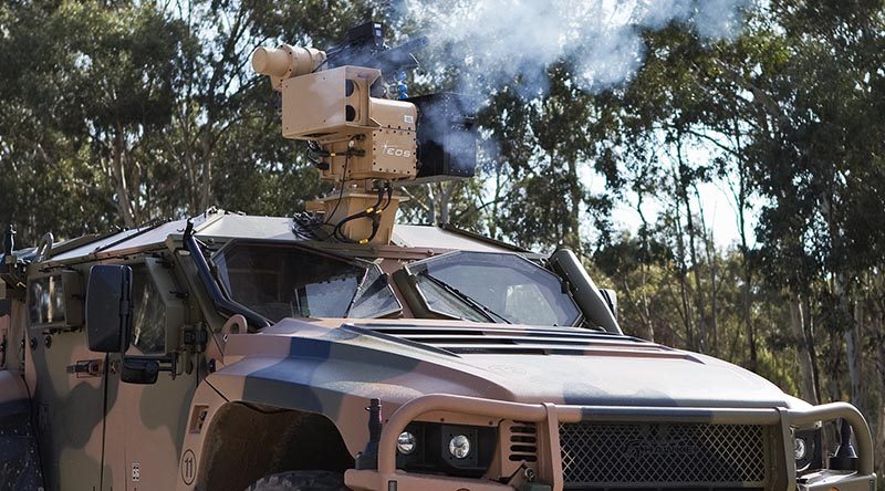 Hawkei fires an Electro Optic Systems RS400 Mk2 remote weapon system fitted with 40mm lightweight automatic grenade launcher at the Graytown proving grounds, Victoria. Photo by Jim Cowie.