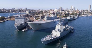 NUSHIP Brisbane arrives at Fleet Base East for the first time, joining (left to right) HMA Ships Choules, Adelaide, Success, Warramunga and ex-HMAS Darwin. Photo by Warrant Officer Shane Cameron.