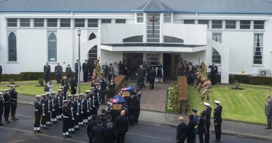 The remains of two Royal New Zealand Navy sailors are carried into St Christopher’s Chapel, Devonport Naval Base to be returned to their families, as part of project Te Auraki (The Return). NZDF photo.