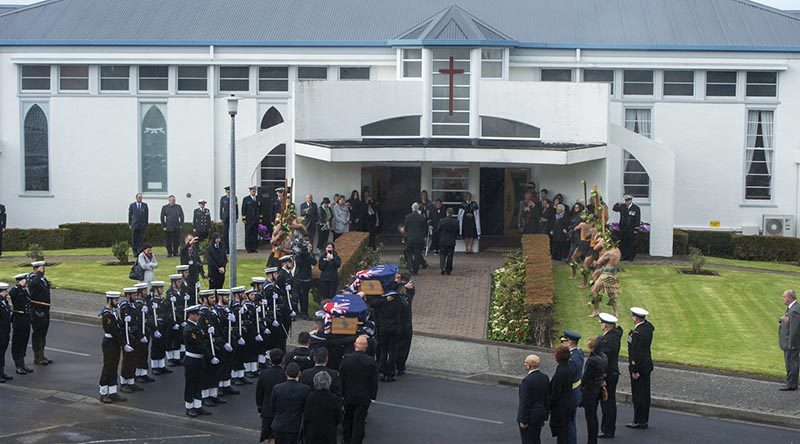 The remains of two Royal New Zealand Navy sailors are carried into St Christopher’s Chapel, Devonport Naval Base to be returned to their families, as part of project Te Auraki (The Return). NZDF photo.
