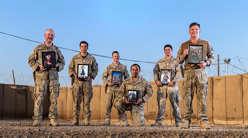 Some of the New Zealand Army fathers serving in Iraq on Fathers' Day 2018 – Lieutenant Roger Baxter, Captain James Brosnan, Staff Sergeant James Kirkland, Lance Corporal Timothy Tupou, Warrant Officer Class Two Kahu Ranginui and Lieutenant Colonel Jason Hutchings. Photo by Corporal David Said.