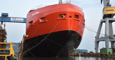 The partially completed RSV Nuyina, Australia's replacement icebreaker, is floated at the Damen Shipyards in Galati, Romania. Serco photo.