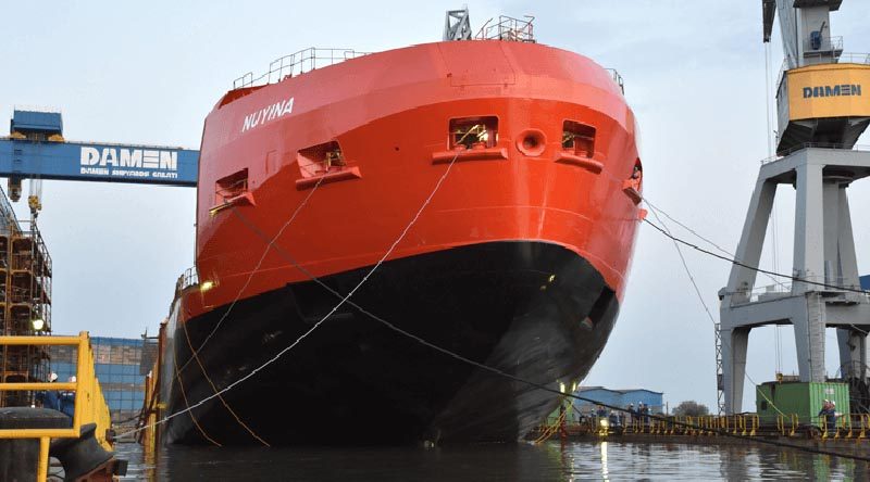 The partially completed RSV Nuyina, Australia's replacement icebreaker, is floated at the Damen Shipyards in Galati, Romania. Serco photo.
