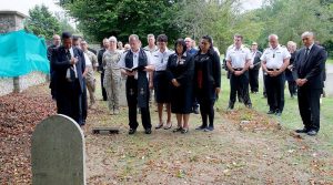 Kaumātua and an NZDF chaplain lead a ceremony at St Mary Cray Cemetery in Kent, ahead of the exhumation of Engine Room Artificer Apprentice Philip Short. NZDF photo.