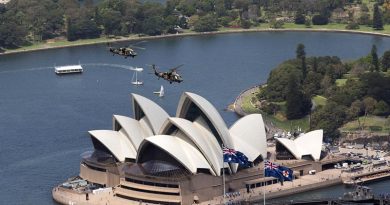 Two Black Hawk helicopters from 6th Aviation Regiment fly over Sydney Harbour to celebrate 50 years of the Australian Army Aviation Corps. Photo by Photo by Flight Sergeant Glen McCarthy.