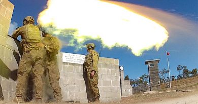 Australian Army soldiers from 1RAR fire an 84mm Carl-Gustaf weapon at High Range Training Area near Townsville. Photo by Brian Hartigan.