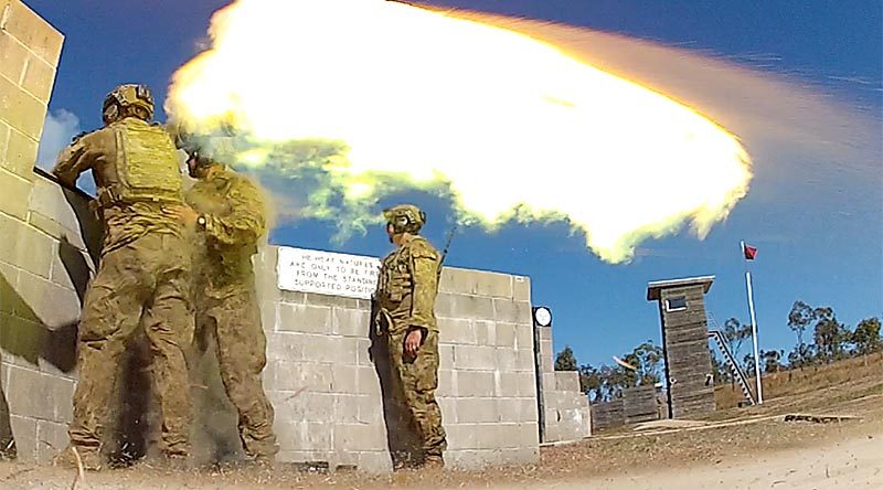 Australian Army soldiers from 1RAR fire an 84mm Carl-Gustaf weapon at High Range Training Area near Townsville. Photo by Brian Hartigan.