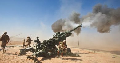 US Marines fire an M982 Excalibur® from an M777 155mm howitzer during a fire support mission at Fire Base Fiddlers Green, Helmand province, Afghanistan, October 2011. US DoD photo.