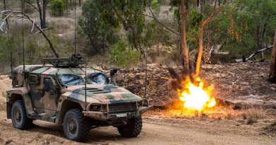 A simulated munition explodes next to an Australian Army Hawkei Protected Mobility Vehicle – Light during Land Trial 02-18 at the Townsville Field Training Area in north Queensland. Photo by Corporal Nunu Campos.