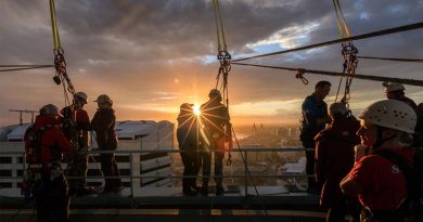 Sailors and officers from HMAS Success prepare to abseil from a Sydney skyscraper, raising funds for the Sir David Martin Foundation. Photo by Leading Seaman Kayla Jackson.