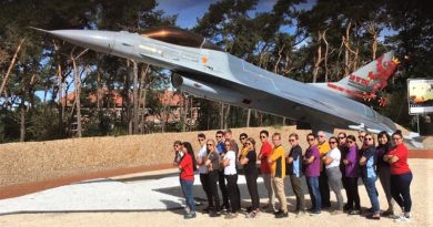 SQNLDR (AAFC) Robert Boyd with members of the 2018 IACE Belgium detachment at the F-16 monument, Kleine Brogel Air Base, municipality of Peer, Belgium.