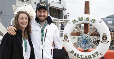 2018 Golden Globe Race competitor Gregor McGuckin is reunited with partner Barbara O'Kelly onboard HMAS Ballarat, at Fleet Base East (sic – official ADF photo caption ;-) ), Western Australia. Photo by Leading Seaman Richard Cordell.