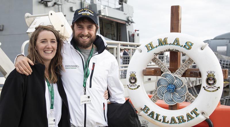 2018 Golden Globe Race competitor Gregor McGuckin is reunited with partner Barbara O'Kelly onboard HMAS Ballarat, at Fleet Base East (sic – official ADF photo caption ;-) ), Western Australia. Photo by Leading Seaman Richard Cordell.