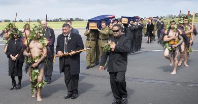 A he taua (war party) leads the caskets of Peter James Mollison, a Royal New Zealand Navy telegraphist, and Herbert Lester Humm, a driver with 10 Transport Company, New Zealand Army, who lost their lives in Korea more than 50 years ago, and where returned to family in New Zealand. NZDF photo.