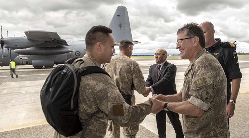 NZDF COMJ Major General Tim Gall and Defence Minister Ron Mark farewell New Zealand troops at RNZAF Base Ohakea as they begin their journey to the Middle East for Task Group Taji 8. NZDF photo.