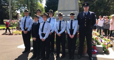 No 612 Squadron Cadets at the Vansittart Gardens Cross of Sacrifice in Mount Gambier on Remembrance Day. Rear rank, left to right: CSGT Breydon Verryt-Reid; CDT Angus Aitken; Cadet Corporals Brian Telford and Megan Laube; CDT Daisy Yates; FLGOFF(AAFC) Geoffrey Yates. Front rank: Cadets Logan Burr and Tobias Flett. Image supplied by 612 Squadron.