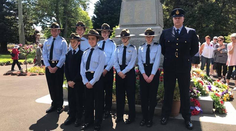 No 612 Squadron Cadets at the Vansittart Gardens Cross of Sacrifice in Mount Gambier on Remembrance Day. Rear rank, left to right: CSGT Breydon Verryt-Reid; CDT Angus Aitken; Cadet Corporals Brian Telford and Megan Laube; CDT Daisy Yates; FLGOFF(AAFC) Geoffrey Yates. Front rank: Cadets Logan Burr and Tobias Flett. Image supplied by 612 Squadron.