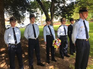 Air Force Cadets from the Mount Gambier-based 612 Squadron joined the wreath laying service at the Vansittart Gardens Memorial (left to right): CCPL Brian Telford; Cadets Angus Aitken, Daisy Yates, Tobias Flett and Logan Burr; CSGT Breydon Verryt-Reid. Photo supplied by 612 Squadron.