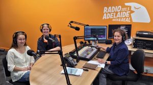 CSGT Tegan Thomas (622 Squadron), left, and CCPL Erika Gardner (602 Squadron) in the Radio Adelaide studio with Ms Helen Meyer, Executive Producer of ‘Service Voices – service to country, service to community’. Photo by Flying Officer (AAFC) Paul Rosenzweig.