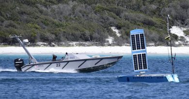 A Maritime Autonomy Surface Testbed from the Defence Science and Technology Laboratory (UK), and Bluebottle from OCIUS, at Exercise Autonomous Warrior 2018 in Jervis Bay.