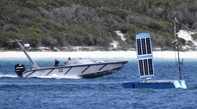 A Maritime Autonomy Surface Testbed from the Defence Science and Technology Laboratory (UK), and Bluebottle from OCIUS, at Exercise Autonomous Warrior 2018 in Jervis Bay.
