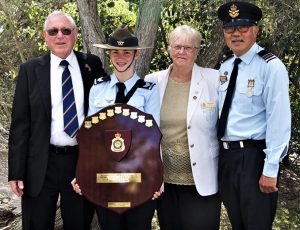 CSGT Tegan Thomas, 622 Squadron Cadet of the Year, with RSL Mannum Sub-Branch Vice-President John Hunter and his wife Sue, Secretary, and CO 622 Squadron SQNLDR (AAFC) Lawrence Ng.