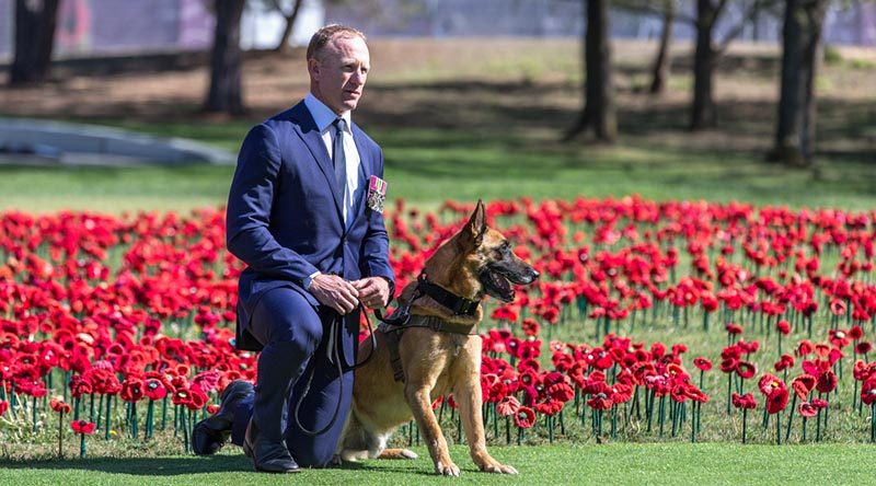 Corporal Mark Donaldson VC and MWD Odin prepare to accept the posthumously awarded PDSA Dickin Medal on behalf of Special Air Service Regiment military working dog Kuga at the Australian War Memorial, Canberra. Photo by WO2 R Nyffenegger.