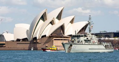 HMAS Huon sails through Sydney Harbour to begin a north-east Asia deployment. Photo by Able Seaman Tara Byrne.