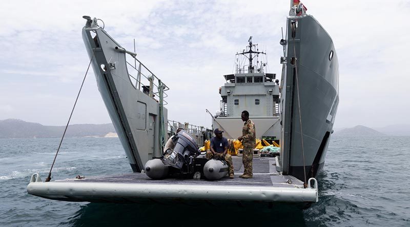 On Her Majesty's Papua New Guinea Ship Lakekamu sailors and soldiers prepare to launch exclusion-zone markers off the coast of Port Moresby for APEC 2018 Leaders' Week security. Photo by Able Seaman Kieren Whiteley.