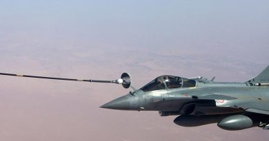 A Royal Australian Air Force KC-30A Multi Role Tanker Transport aircraft refuels a French Air Force Dassault Rafale fighter on operations in the Middle East. Photo by Sergeant Mark Doran.