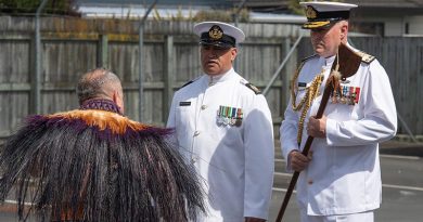 Rear Admiral Jim Gilmour accepts the Tewhatewha from a Maori warrior during the Change of Command ceremony. NZDF photo.