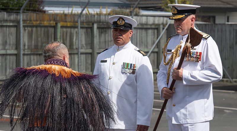 Rear Admiral Jim Gilmour accepts the Tewhatewha from a Maori warrior during the Change of Command ceremony. NZDF photo.