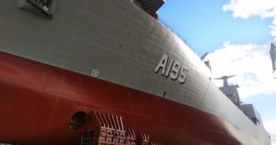 The Royal Australian Navy's NUSHIP Supply sits ready for launch in Ferrol, Spain. Navantia photo.