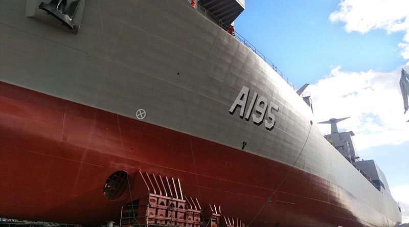 The Royal Australian Navy's NUSHIP Supply sits ready for launch in Ferrol, Spain. Navantia photo.