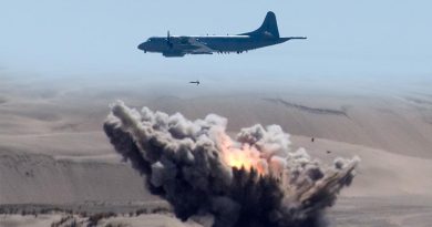 A Royal New Zealand Air Force P-3K2 drops a bomb on Kaipara Air Weapons Range. Two NZDF images merged by CONTACT.