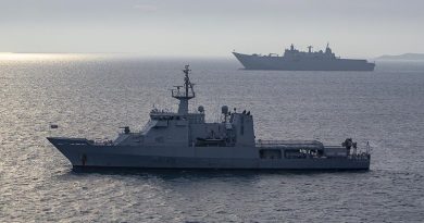 Royal New Zealand Navy offshore patrol vessel HMNZS Otago and Royal Australian Navy amphibious ship HMAS Adelaide at anchor off Port Moresby as part of international support to APEC 2018. ADF photo.