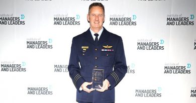 Wing Commander (AAFC) Paul Hughes, Officer Commanding 3 Wing of the Australian Air Force Cadets with his Sir John Storey Outstanding Intentional Leader Award from the Institute of Managers and Leaders. Photo supplied.