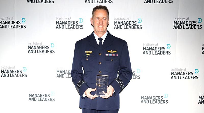 Wing Commander (AAFC) Paul Hughes, Officer Commanding 3 Wing of the Australian Air Force Cadets with his Sir John Storey Outstanding Intentional Leader Award from the Institute of Managers and Leaders. Photo supplied.