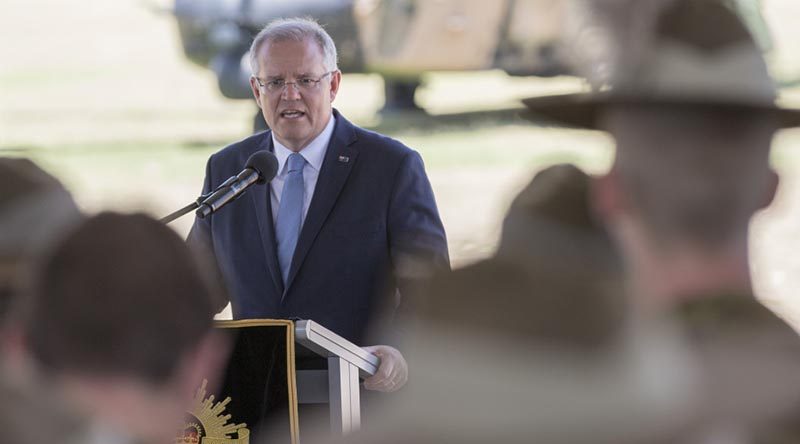 Prime Minister Scott Morrison addresses troops at Lavarack Barracks. Photo by Private Brodie Cross.