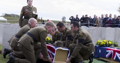 Australian Army pallbearers lower the coffin of a recently identified Australian soldier to his final resting place, at Queant Road Cemetery, France, more than 100 years after he was killed in action on the Western Front. Photo by Leading Seaman Nadav Harel.