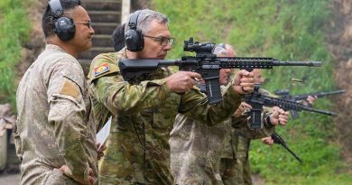 Australia's Chief of Army Lieutenant General Rick Burr showing good form on the range in New Zealand – his New Zealand counterpart Major General John Boswell partly obscured in the background. NZDF photo.