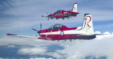 A Royal Australian Air Force PC-9 aircraft trails a new PC-21 aircraft with new Roulettes colour scheme. Photo by Flight Lieutenant Daniel Armstrong.