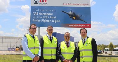 Air Vice Marshal Leigh Gordon, Kevin Kirkpatrick, Andrew Sanderson, Steve Ciobo at TAE Aerospace's new engine-maintenance facility. TAE Aerospace photo.