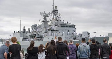 HMNZS Te Mana returns to New Zealand after a five-month deployment for Operation Crucible across Hawaii and Southeast Asia. NZDF photo.