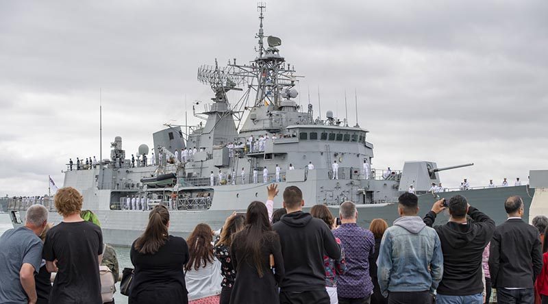 HMNZS Te Mana returns to New Zealand after a five-month deployment for Operation Crucible across Hawaii and Southeast Asia. NZDF photo.