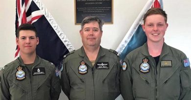The 6 Wing competitors at the newly-named Air Chief Marshal Mark Binskin Aviation Centre: Cadet Corporal Nicholas Sibly from 601 Squadron (left) and Cadet Sergeant Callum Rowett from No 617 Squadron, with Squadron Leader (AAFC) Dennis Medlow, Head of Operations-Gliding, Aviation Operations Wing. Photo by Squadron Leader (AAFC) Billy Gleeson-Barker.