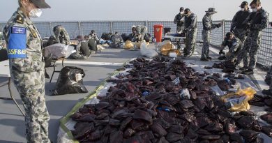 HMAS Ballarat’s boarding party and crew prepare 3.1 tonnes of seized hashish for disposal during the ship's deployment on Operation Manitou. Photo by Leading Seaman Bradley Darvill.