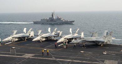 The Royal Australian Navy frigate HMAS Ballarat (FFH 155) sails alongside the aircraft carrier USS John C. Stennis (CVN 74) in the Arabian Gulf, Jan. 16, 2019, during exercise Intrepid Sentinel. Intrepid Sentinel brings together the John C. Stennis Strike Group, France’s Marine Nationale, United Kingdom’s Royal Navy and the Royal Australian Navy for a multinational exercise designed to enhance war fighting readiness and interoperability between allies and partners. The John C. Stennis Strike Group is deployed to the U.S. 5th Fleet area of operations in support of naval operations to ensure maritime stability and security in the Central Region, connecting the Mediterranean and the Pacific through the western Indian Ocean and three strategic choke points. (U.S. Navy photo by Mass Communication Specialist Seaman Jeffery L. Southerland)