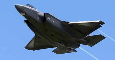 One of the first two Royal Australian Air Force F-35A Lightning Joint Strike Fighters flies overhead RAAF Base Williamtown on delivery day. Photo by Brian Hartigan.